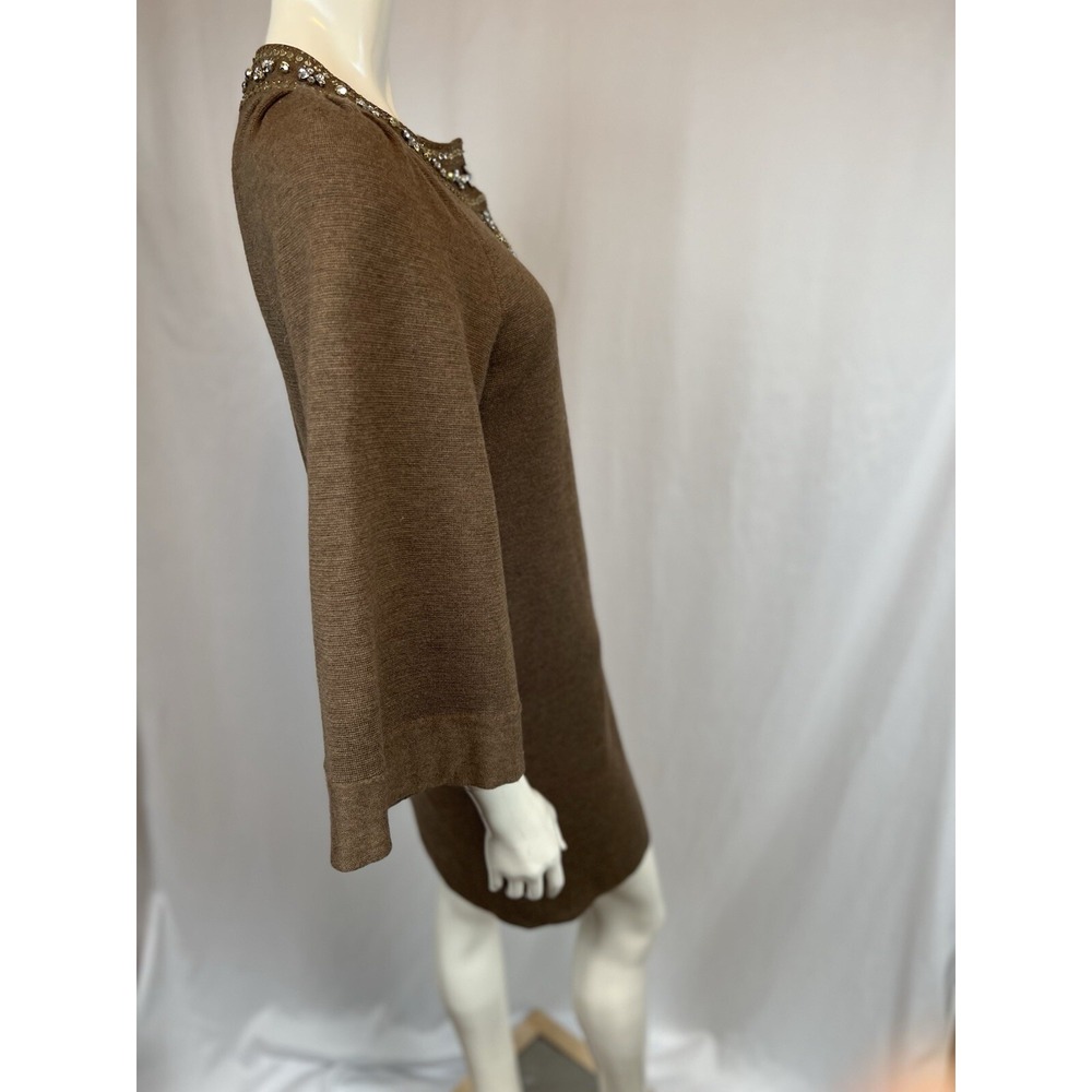 Tracy Reese Beautiful Beaded  Brown Wool Wide Sleeve Shift Dress Small Damaged - Picture 4 of 14